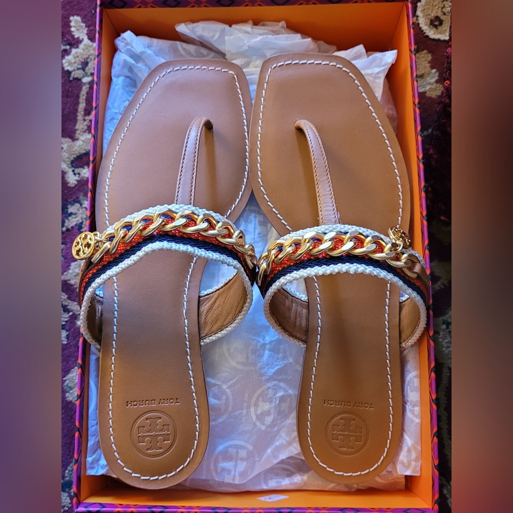 TORY BURCH MINI BENTON CHAIN BAND SANDAL CALF LEATHER/ WEBBING 8.5